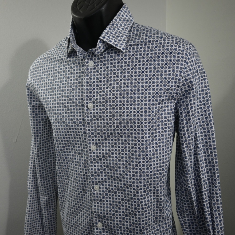 Express Slim 1MX Dress Shirt Mens M Slim Blue Gray Geometric Long Sleeve Stretch